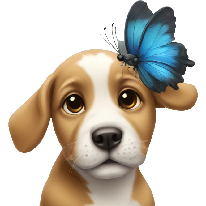 a baby dog with a butterfly on the nose emoji