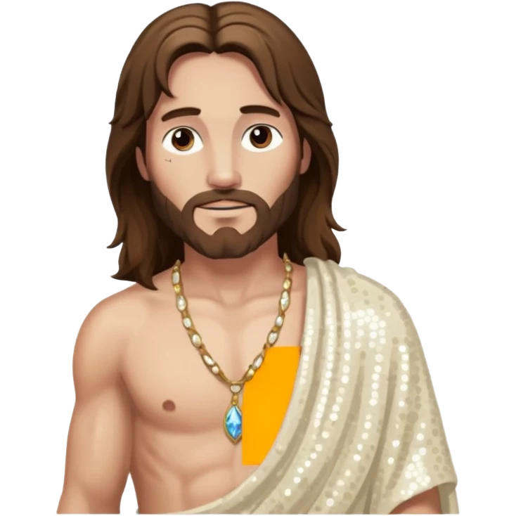 Jesus with long brown hair, ivory sequin baggy loincloth, shirtless with necklace emoji