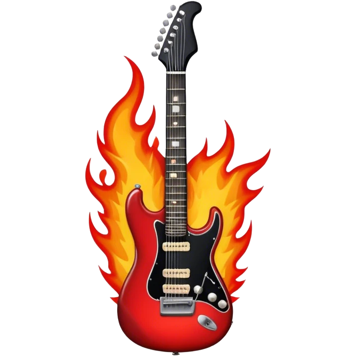 Create a bold and powerful emoji representing rock vocal performance in a humanless collage. The design should feature a vintage microphone at the center, surrounded by a heavy, aggressive hardcore electric guitar with sharp, jagged edges. Include crossed drumsticks behind the guitar, symbolizing the intense rhythm of rock music. Add fiery elements like flames or lightning bolts to enhance the raw energy of the design. Use dark, bold colors like black, red, and silver, with metallic or chrome accents to reflect the rebellious, hard-hitting nature of rock. The background should be transparent. emoji