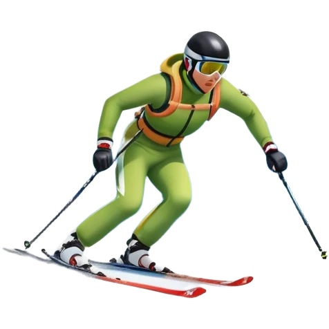 An icon featuring snowy peaks, pine trees, and a picturesque mountain landscape with a skier racing down a snow-covered slope, The sky is blue with soft clouds, capturing the thrill and beauty of alpine skiing. Transparent background highlights the excitement and serenity of winter sports. emoji