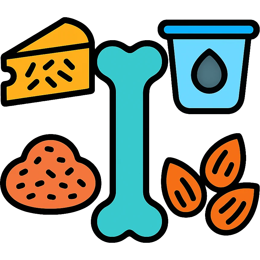 Sources of calcium: shredded cheese, natural yogurt, sesame seeds and almonds surrounding a single strong bone emoji