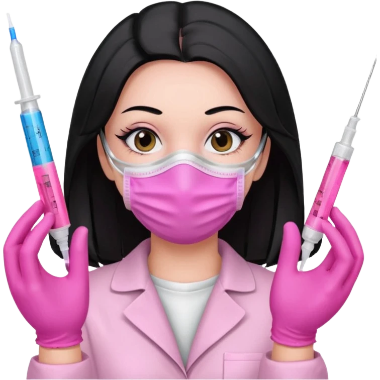 laboratorista con guantes rosa y mascarilla rosa  jeringa tubos  sin lentes pelo lacio negro y largo  emoji