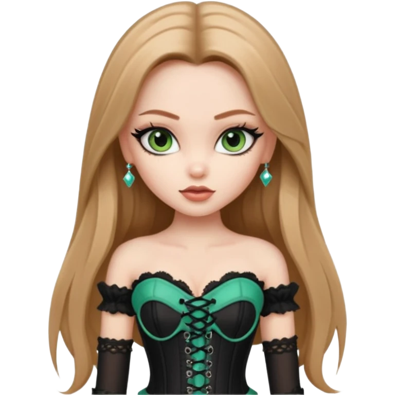 pretty bratz girl, long straight LIGHT BROWN HAIR, jade green eyes, black eyeliner, pale skin, black corset clothes with laces emoji