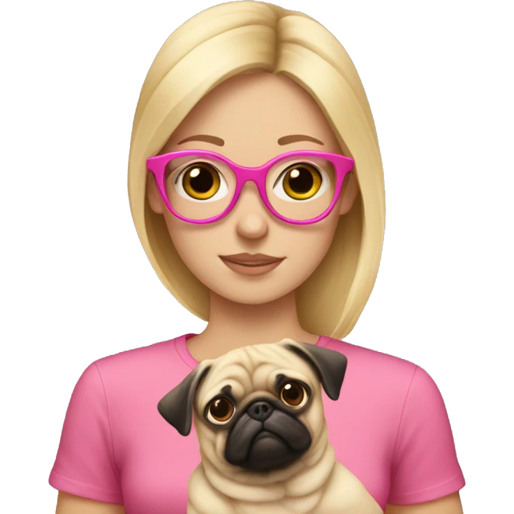 Blond girl with pink glasses wearing  a pink shirt holding a pug  emoji