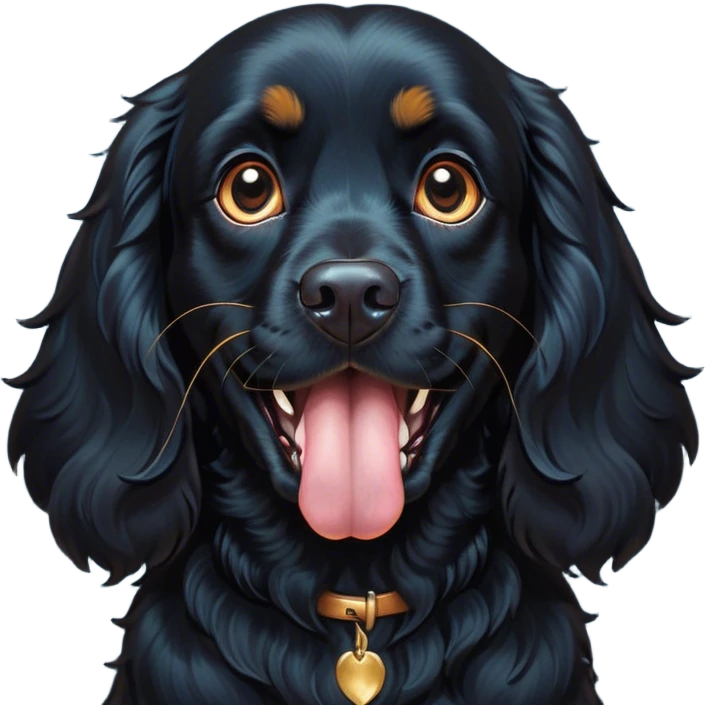 Cinematic Comical Black Cocker Spaniel Portrait Emoji, Head tilted dramatically with an exaggeratedly amused expression, featuring a shiny black coat with noticeable tan accents, wide, expressive dark eyes filled with playful disbelief, Simplified yet hilariously expressive features, highly detailed, glowing with a slightly sassy glow, high shine, dramatic yet playful, stylized with an air of cheeky mischief, bright and endearing, soft glowing outline, capturing the essence of a spirited and over-the-top companion, so meme-worthy it feels like it could side-eye its way into internet fame instantly! emoji