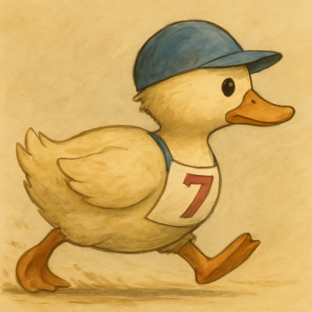 Turn the Ghibli style cartoon duck to the side, in a racing pose as if it's moving quickly forward, keep the same whimsical hand-painted look. emoji