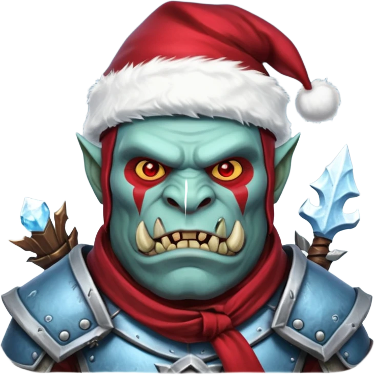 
Fantasy Christmas orc legion soldier icon, iron tundra army theme, heavy winter armor, disciplined brutal look, icy blue steel armor with deep crimson accents, frozen metal texture, cold winter atmosphere, male variant emoji