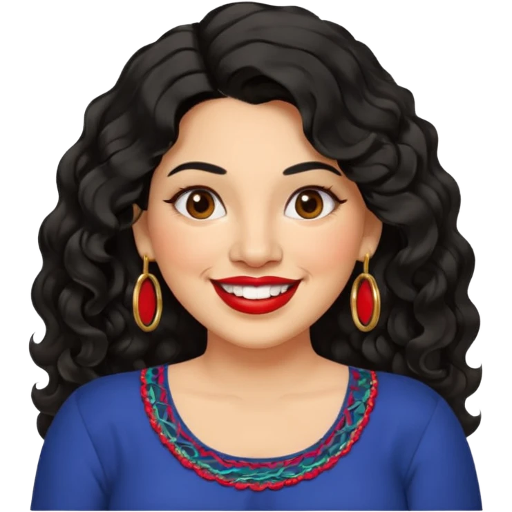 40 yr old Mexican woman, slightly chubby, wavy/curly long black hair, red lipstick, big smile, white teeth, brown eyes, hoop earings, side part to hair, round face, nice blouse, no wrinkle hair side swept, big hoop earing emoji
