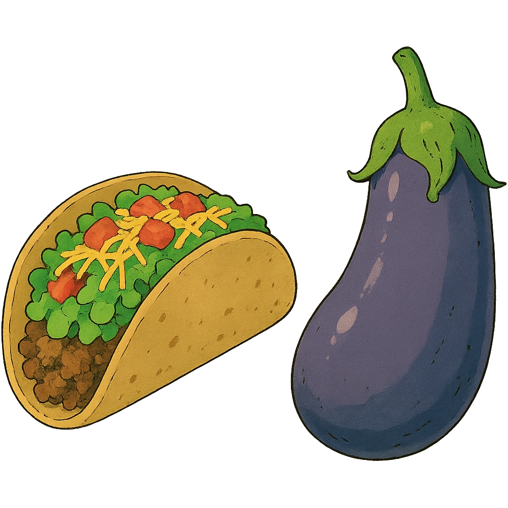 ghibli style taco and eggplant together emoji