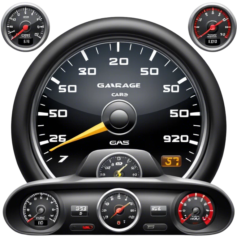 An icon showing a racing game interface, inspired by Grand Turismo. The design features a garage with a selection of high-performance cars, along with race track visuals in the background. Speedometer, lap timer, and other HUD elements add to the excitement. Transparent background emoji