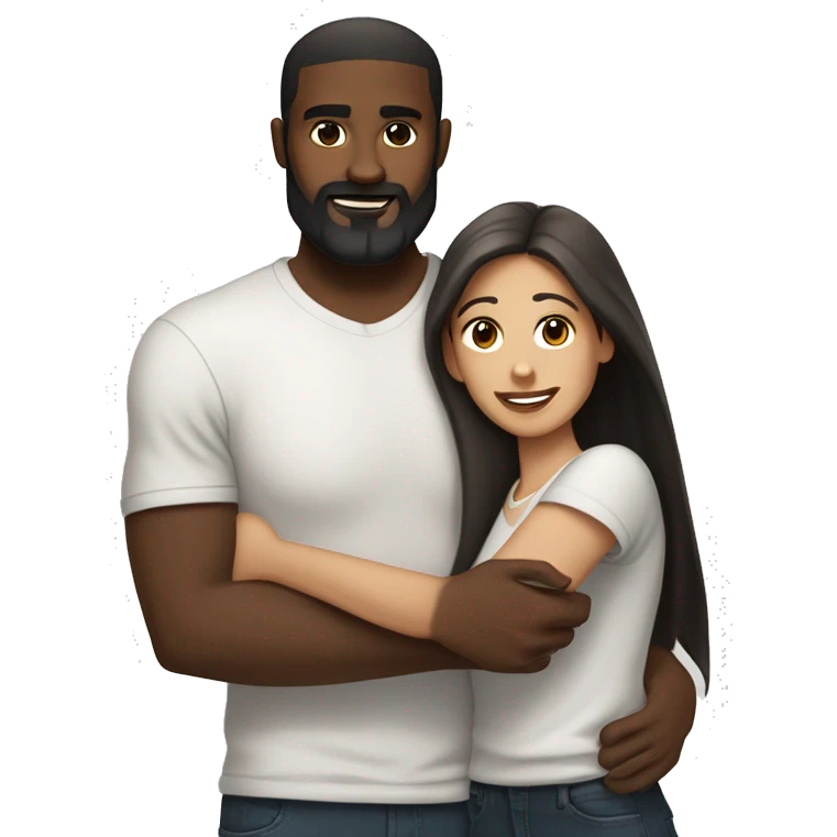light skin woman with very long straight brown hair hugging black man with very short dark hair and a long dark beard wearing a white tshirt emoji