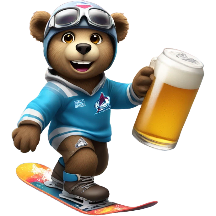 snowboard bear with safe  helmet and goggles in colorado avalanche jersey doing insane tricks while holding a beer emoji
