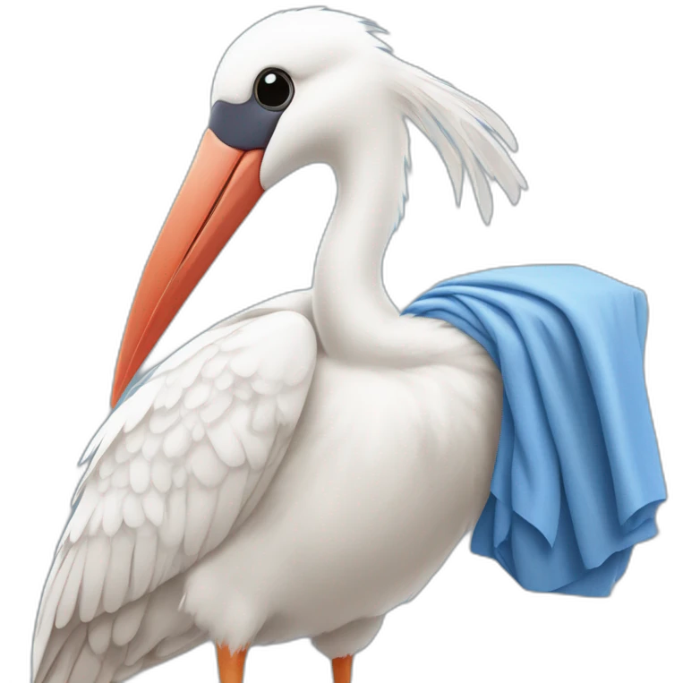 White stork carrying a blue bundle of cloth in its beak that has a human baby with dark hair and the baby head is peeking from the fabric bundle the strok is carrying with its beak emoji