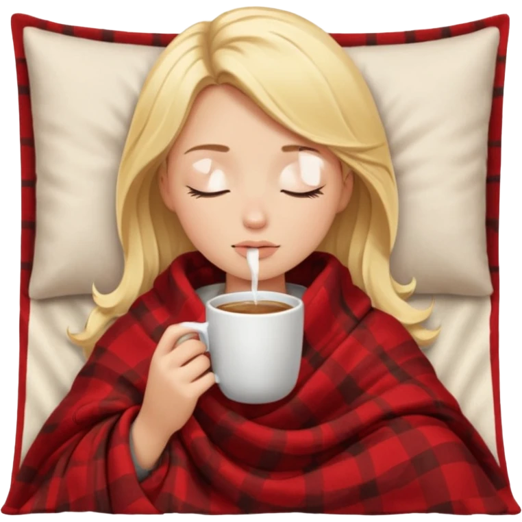 Blonde girl inside a blanket sipping coffee eyes closed emoji
