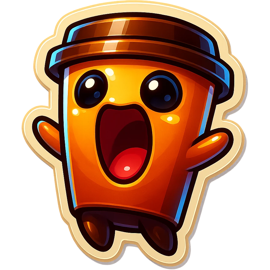 Tall coffee cup, wild, over the top, excited, big eyes, big mouth, screaming, tilted back emoji