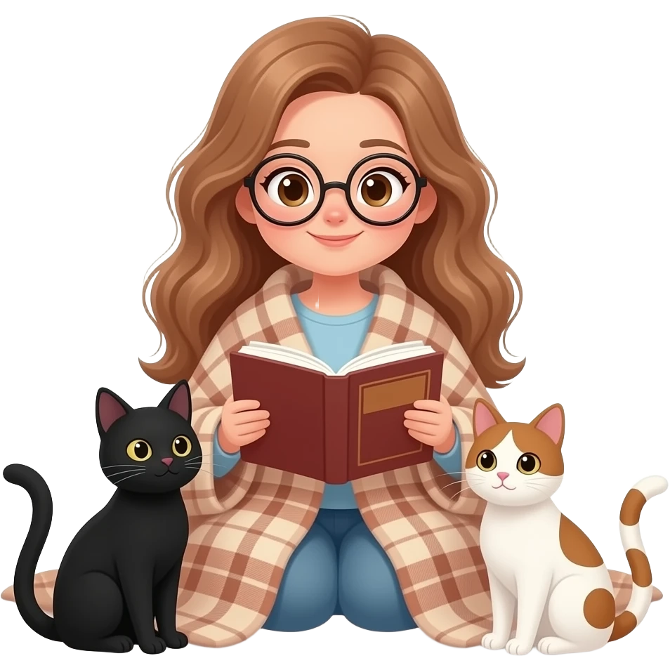 detailed emoji illustration of a curvy woman with long light brown wavy hair, light brown eyes and round glasses wrapped in a plaid blanket reading a book, with two cats beside her (one black cat and one white cat with brown spots), cozy atmosphere, cute emoji style emoji
