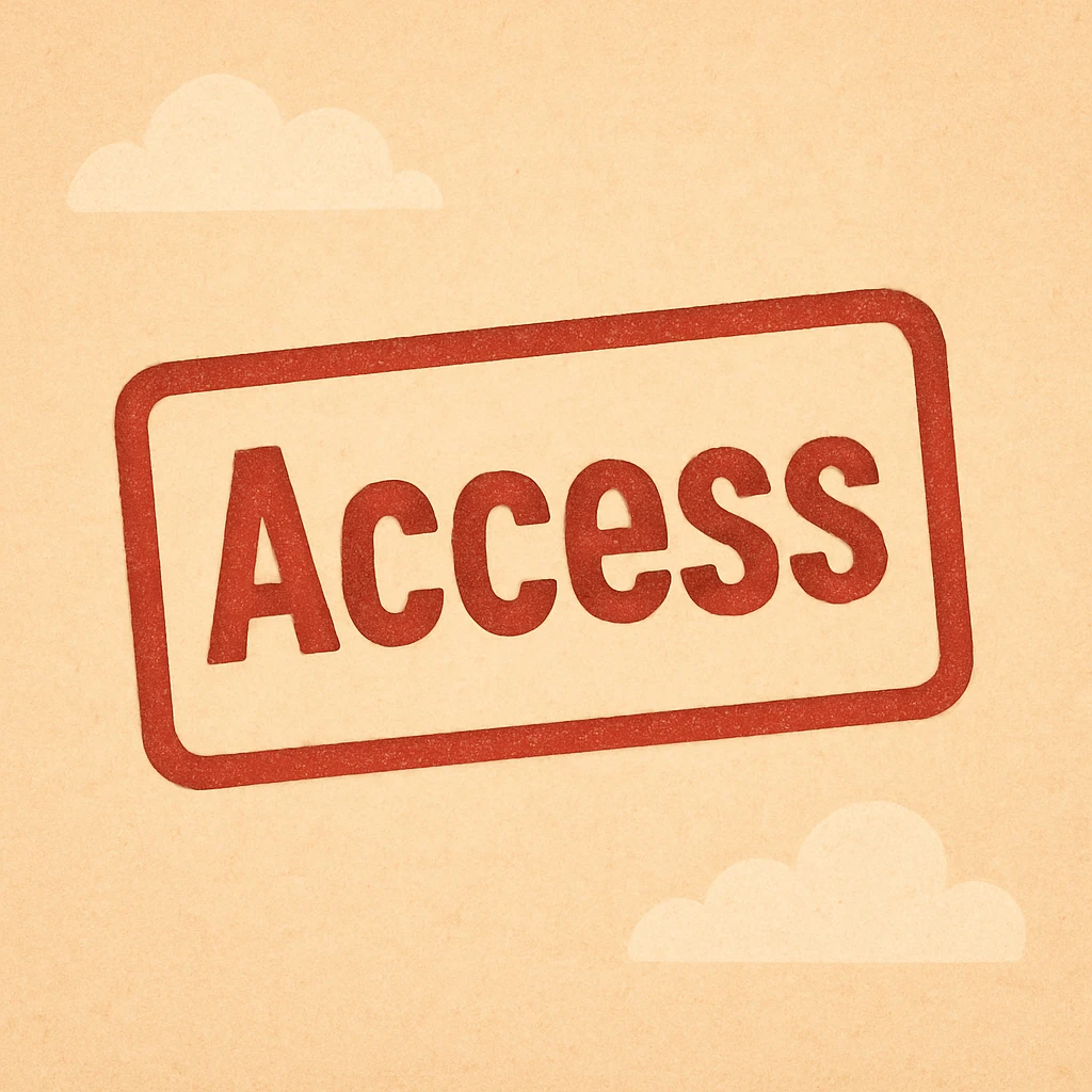 red rectangular stamp print, 'Access' in bold sans-serif, faded ink effect, white background emoji