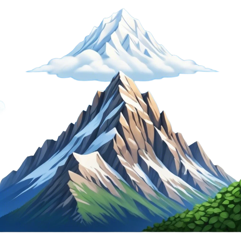 Cinematic Realistic Mountain Emoji, Majestic and towering, with craggy, snow-capped peaks rising sharply against a deep blue sky. The rugged terrain is dotted with rocky outcrops and patches of greenery, with clouds swirling around the higher reaches. Soft glowing outline, capturing the essence of ancient strength and natural beauty in a towering mountain! emoji