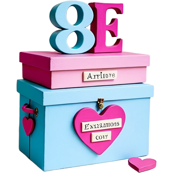 Una cajita rosa pastel con detalles fucsia, un recuadro crema con letras fucsias (Declaraciones de Fe – Exitosas con Dios – Romanos 4:17), corazones decorativos con palabras y un corazón azul con el número 99 arriba. emoji