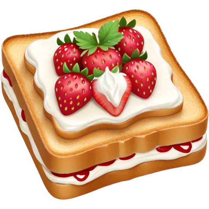 square toast topped with fluffy white cream, decorated with a strawberry bow made from two strawberry center, bright red and glossy emoji