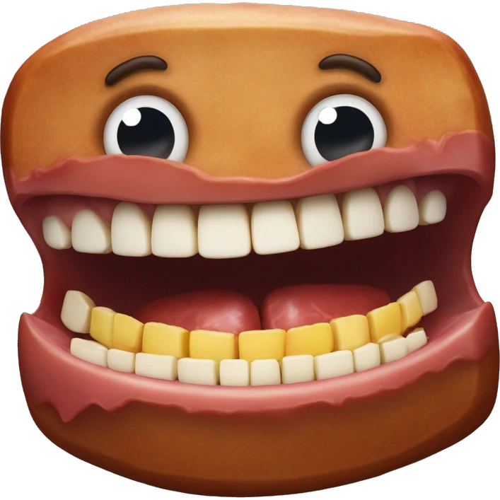 a giant steak with a big hyperrealistic teethy smile and two big eyes emoji