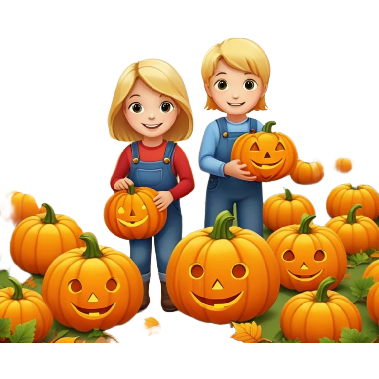 children picking pumpkins in a pumpkin patch, orange leaves, happy faces emoji