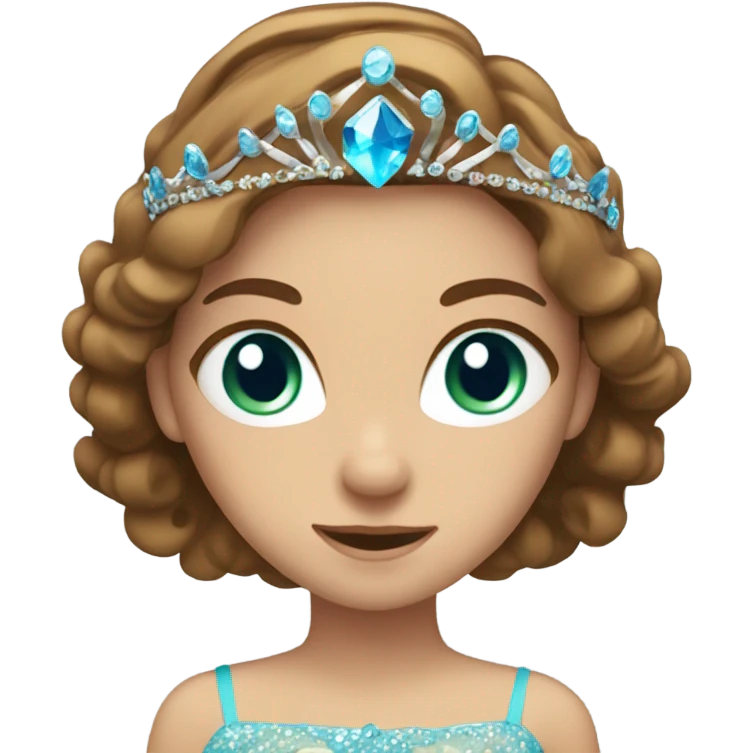 Girl with long brown hair and blue/green eyes wearing a tiara emoji