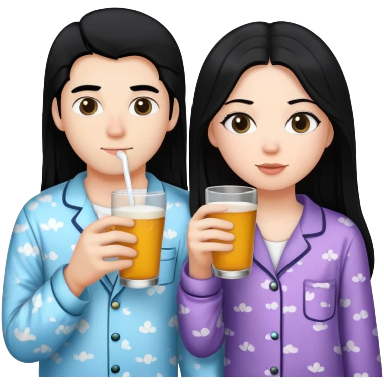 2 friends at a bed wear pajama drinking 1 white boy black hair 1 white girl black long hair emoji