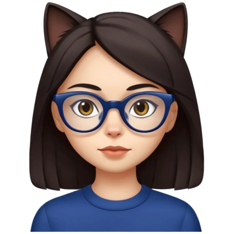 Female. Straight long hair and dark brown eyes and hair with cat eye glasses and dark blue out fit emoji