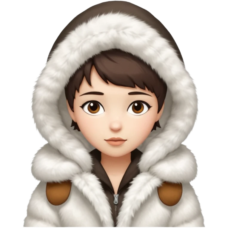Girl pixiecut Hair Brown in a extremely big fluffy oversized white fur coat with hood on. The fur is real and it’s very obvious big and fluffy  emoji