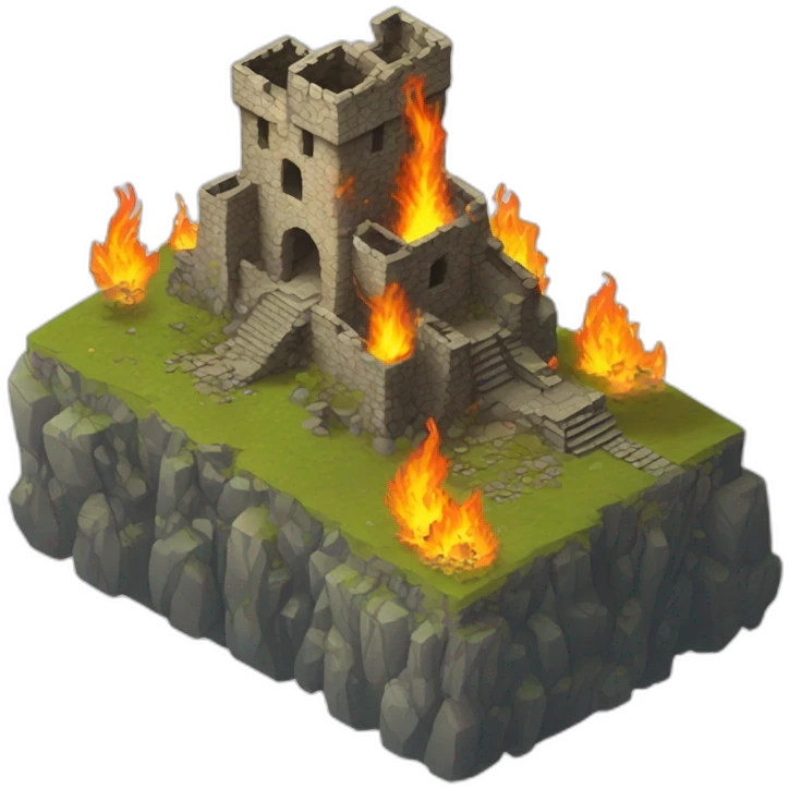 Isometric ruins of a burning castle beside the coast emoji