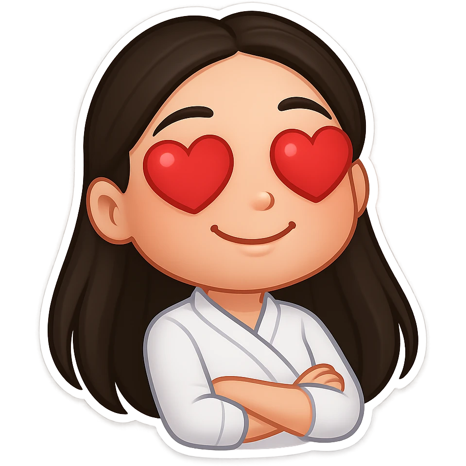Create a chibi sticker of the girl from the reference image with long hair as shown. She is in love with heart eyes, in 3D bitmoji chibi style with a white outline and transparent background. emoji