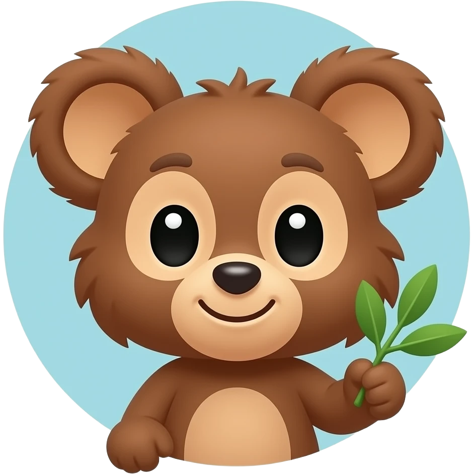 A cute kawaii Cheburashka face, big round floppy ears, large innocent black eyes, small snub nose, soft brown fluffy fur, holding a small green olive branch in its paw, sweet gentle smile, round emoji style, pastel light blue background, simple vector art, adorable, flat design, very cute emoji