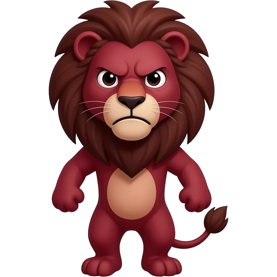 A small, very dark red lion standing on its legs and arms, looking at us with a very frustrated expression emoji