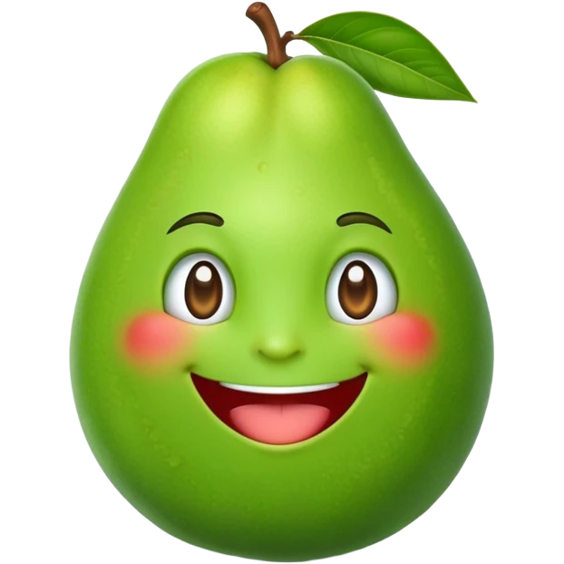 A cartoon guava character with a smiling face emoji