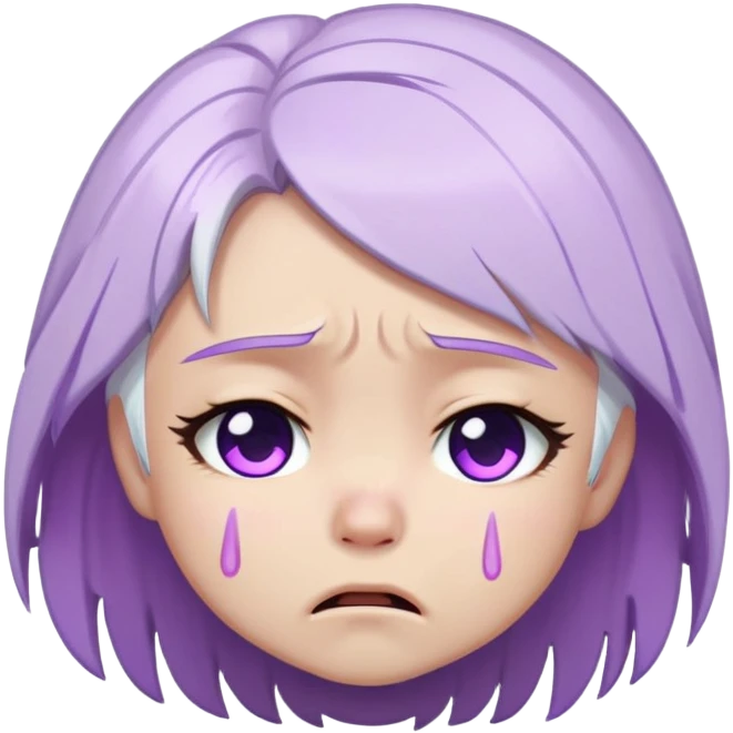Chibi Sable Ward crying, teary eyes, pouty mouth, tears falling, white hair with purple streaks, fully purple eyes, sad expression emoji