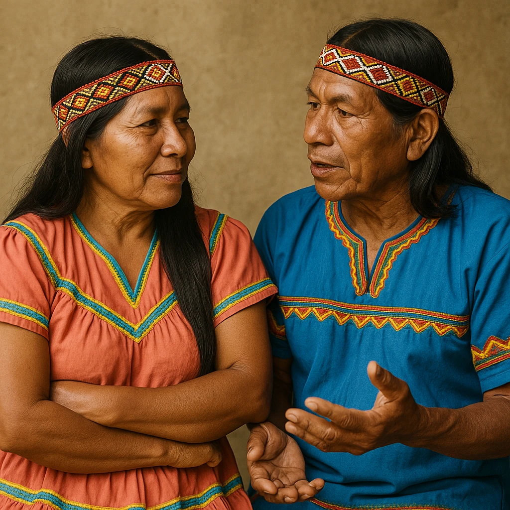A Costa Rican indigenous couple dialoguing, showing typical features and traditional clothing of Costa Rica's native peoples. emoji