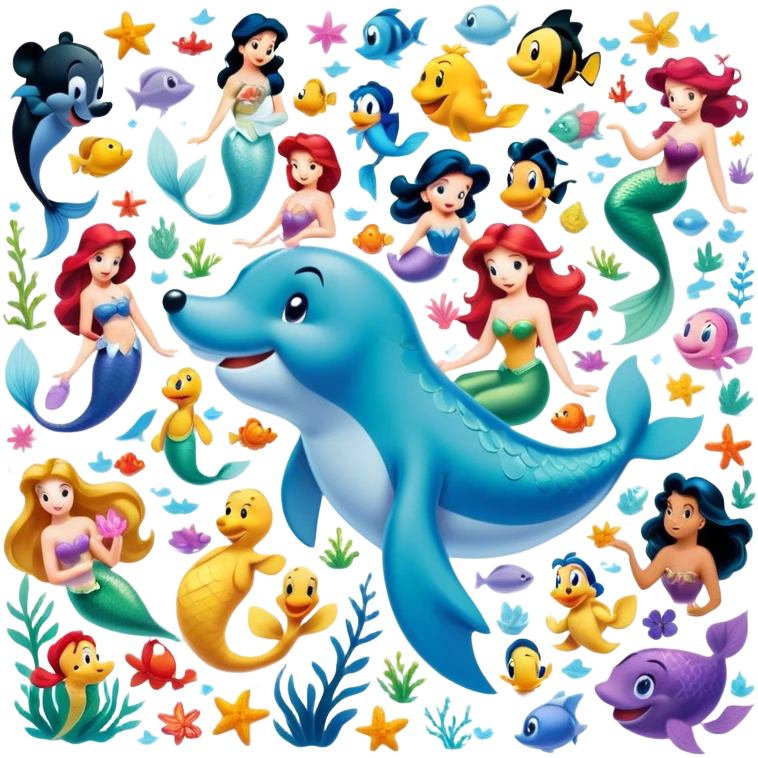 Icon for Animated Characters: A colorful, large-scale collage of beloved cartoon characters, including Franco, Mickey Mouse, Winnie-the-Pooh, Ariel the Little Mermaid, Jasmine and others. Bright and vibrant, full of whimsical charm. Transparent background. emoji
