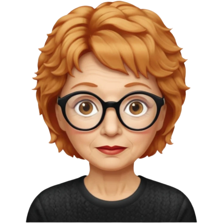 woman 70 years old, very short strawberry blonde weavy hair, brown eyes and round dark glasses emoji