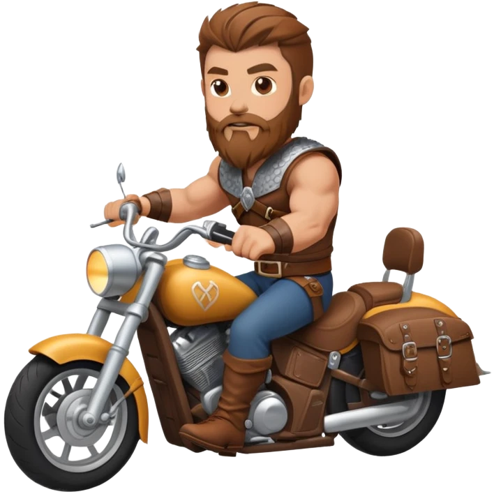 white guy with brown hair and a brown beard riding a motorcycle. he’s buff and looks kind of like a viking emoji