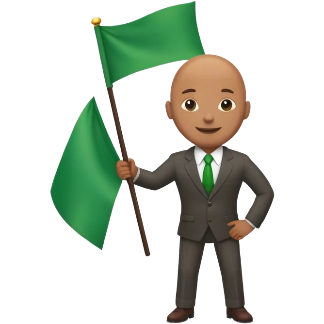 Create a emoji of a man in a suit brown skin with bald holding a green flag smiling emoji