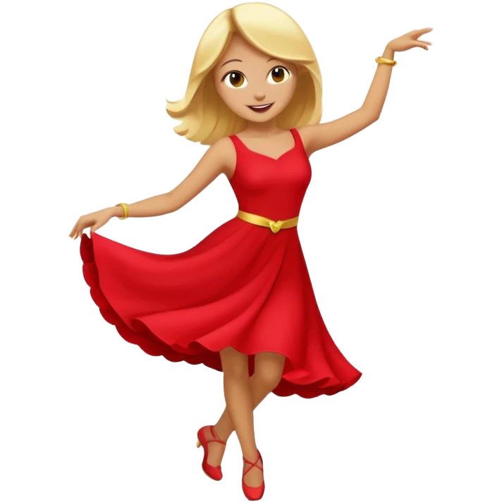 a yellow-blonde woman dancing wearing a red dress, in flat emoji / Apple style, smooth shapes, glossy highlights, bright saturated colors, simple features, minimal details, no outlines, red clothes flowing, joyful pose
 emoji