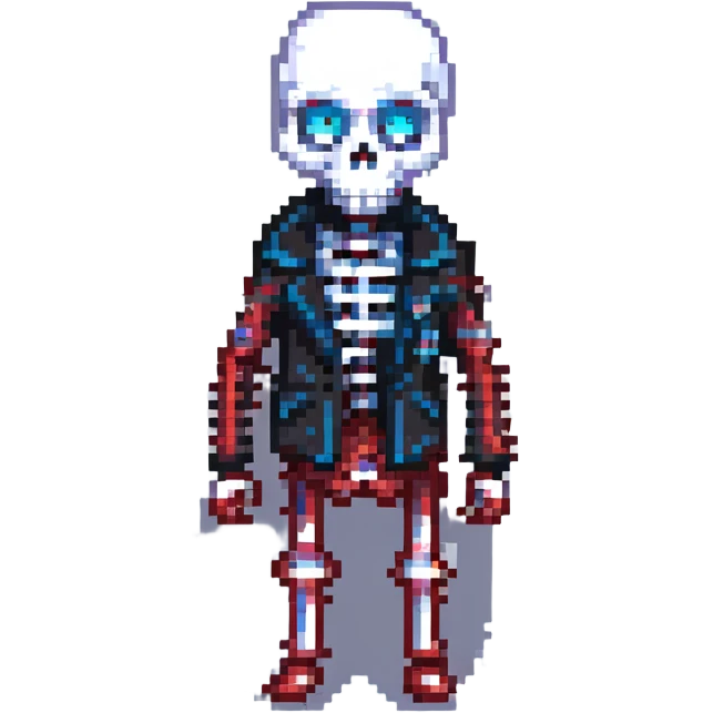 Error Sans, a skeleton character with a glitchy, corrupted appearance, blue and red eye, wearing a black jacket, inspired by Undertale, pixel art style emoji