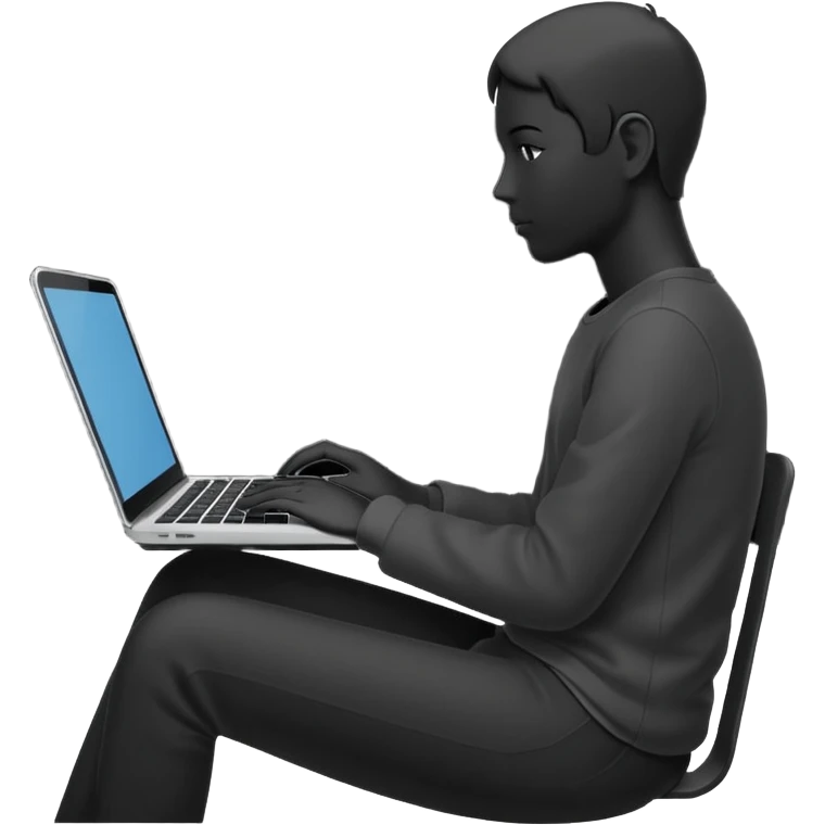 Minimalistic flat vector icon, iOS style, thin black contour on white background. Person silhouette sitting with a laptop, code brackets <> on the screen. Clean, no te emoji