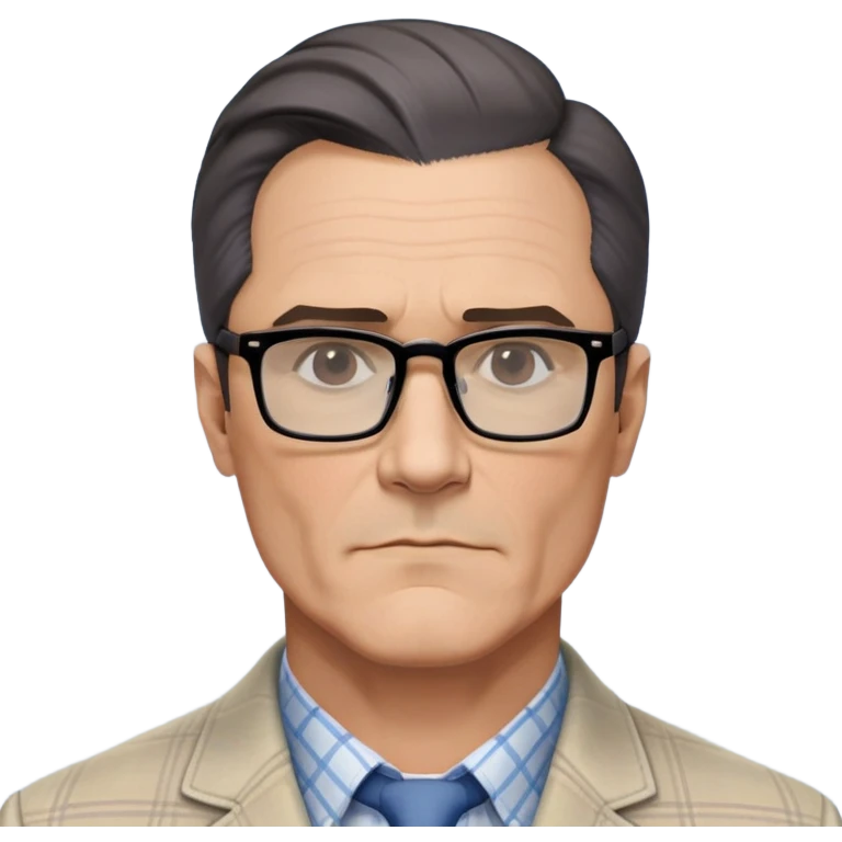 50-year-old man with very prominent and large square jawline that's wider than the rest of his face. Large dark square glasses, short straight hair combed to the side with some gray. Serious-relaxed expression. Light gray jacket, white shirt with blue checkered pattern. emoji