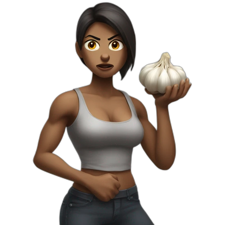 muscular angry woman with a cross in his hand and a garlic emoji