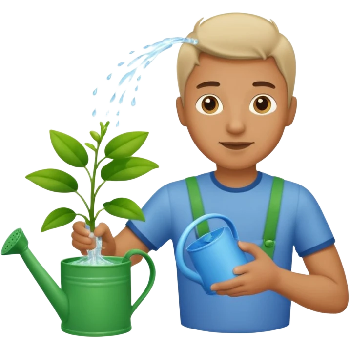 man pouring water onto a green plant,  with a watering can in hand,  emoji
