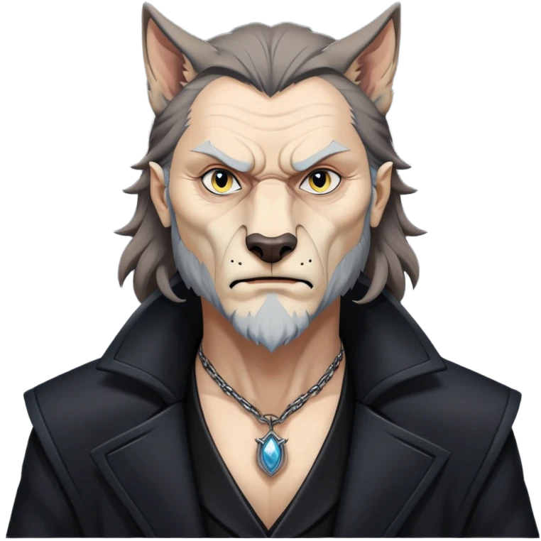 Fenrir Greyback in harry potter, black open chest coat, wolf face, pointed ear emoji