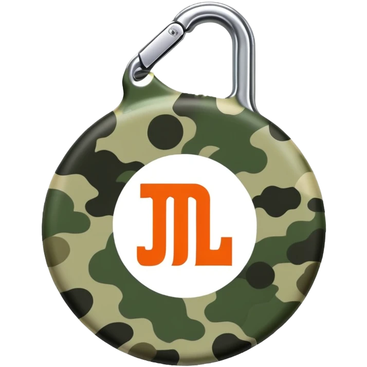 Ultra minimal JBL Clip 4, extremely simplified circular shape with tiny carabiner, just a few green camo spots, small JBL logo, iOS emoji style emoji