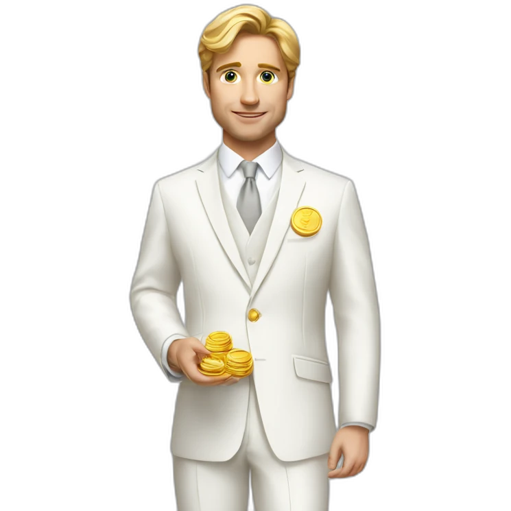 Posh-man-with-white-suit-holding-golden-coins emoji